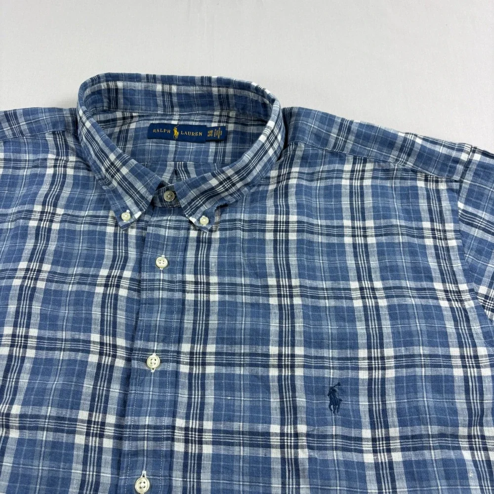 Polo Ralph Lauren Linen Shirt Mens 4XB Big Blue Plaid Button Up Beach NEW